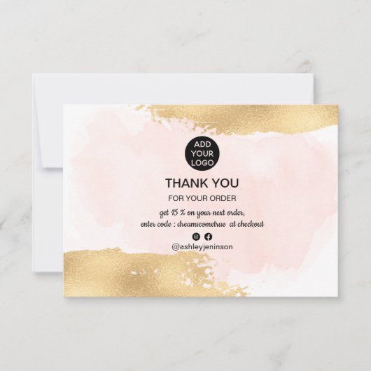 Gouden borstel roze waterverf logo bestelling dank bedankkaart (Voorkant)