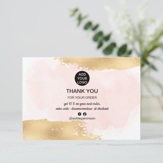 Gouden borstel roze waterverf logo bestelling dank bedankkaart (Staand voorkant)