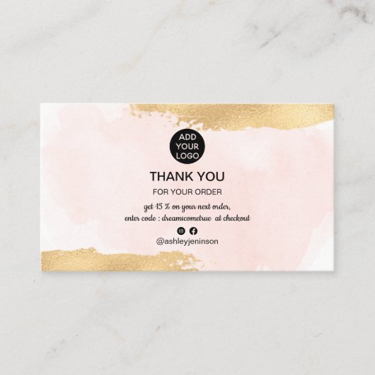 Gouden borstel roze waterverf logo bestelling dank visitekaartje (Voorkant)