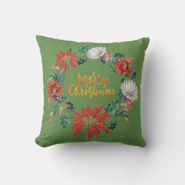 Gouden Borstelschrift Kerst Florale Krans op Groen Kussen
