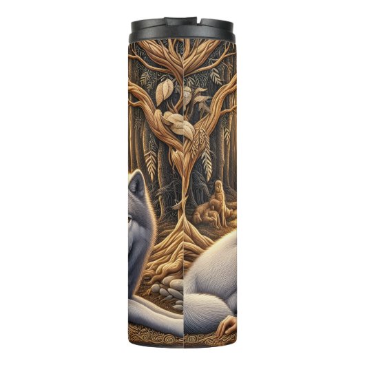 Gouden Bos Geest, vrouw en wolf. Thermosbeker (Achterkant)