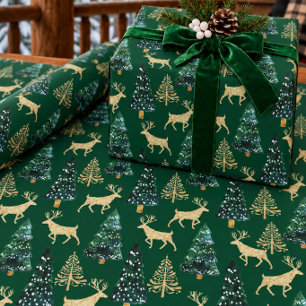 Gouden bosland hert & bomen op dennen groen cadeaupapier