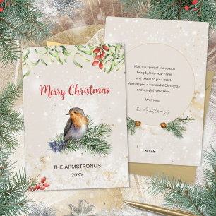 Gouden botanische aquarel Robin vogel Kerstmis Feestdagenkaart