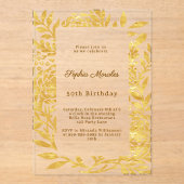 Gouden botanische heldere luxe verjaardag acryl uitnodigingen (Voorkant)