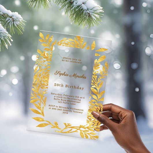 Gouden botanische heldere luxe verjaardag acryl uitnodigingen
