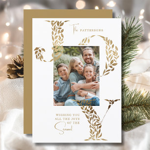Gouden Botanische Joy Familie Kerst Foto Feestdagenkaart