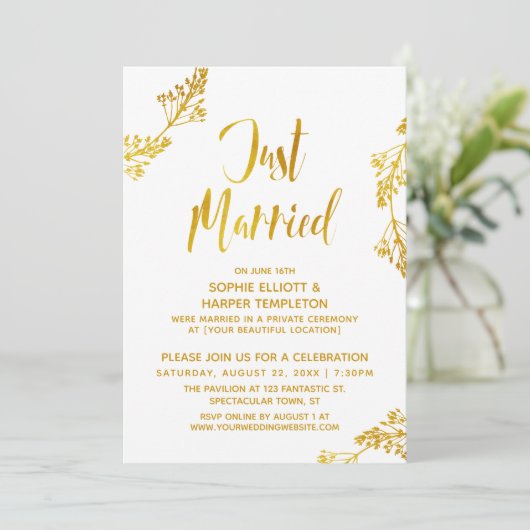 Gouden Botanische Just Married Post Bruiloft Evene Kaart (Staand voorkant)