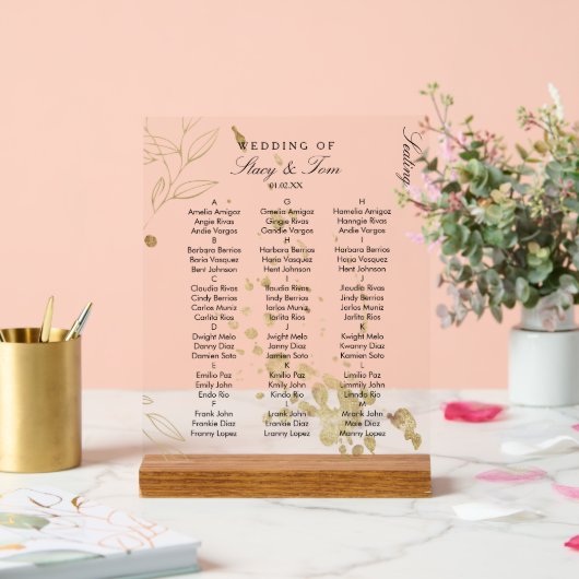 Gouden Botanische Kunst Splash Leaf Bruiloft Zitpl Acryl Bord (Huwelijk)