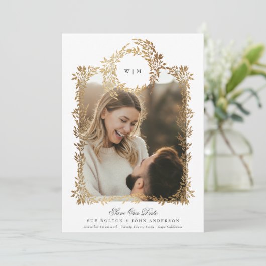 Gouden Botanische Lijst Fotobruiloft Save The Date (Staand voorkant)