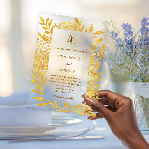 Gouden botanische monogram heldere luxe trouw acryl uitnodigingen