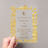 Gouden botanische monogram heldere luxe trouw acryl uitnodigingen (Insitu (Draagbaar))