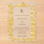 Gouden botanische monogram heldere luxe trouw acryl uitnodigingen (Voorkant)