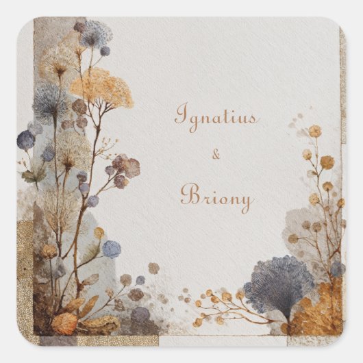 Gouden botanische patchwork stoffig blauwe volksbr vierkante sticker (Voorkant)