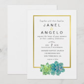 Gouden Botanische Succulent bruiloft uitnodiging (Voorkant / Achterkant)