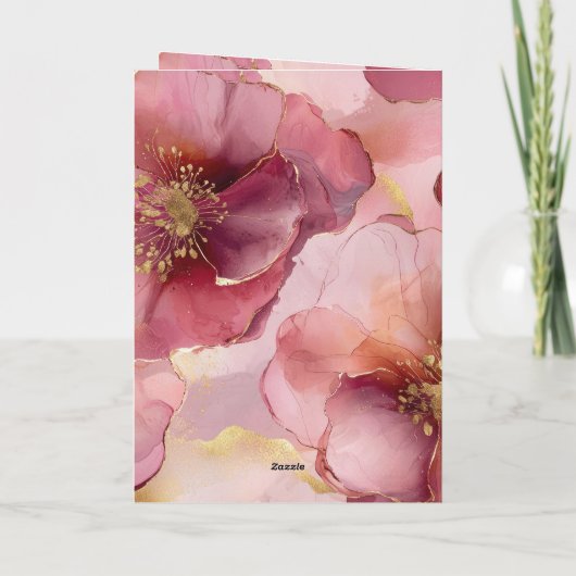 Gouden Bourgogne Blush Roze Bloemen Huwelijk Kaart (Achterkant)