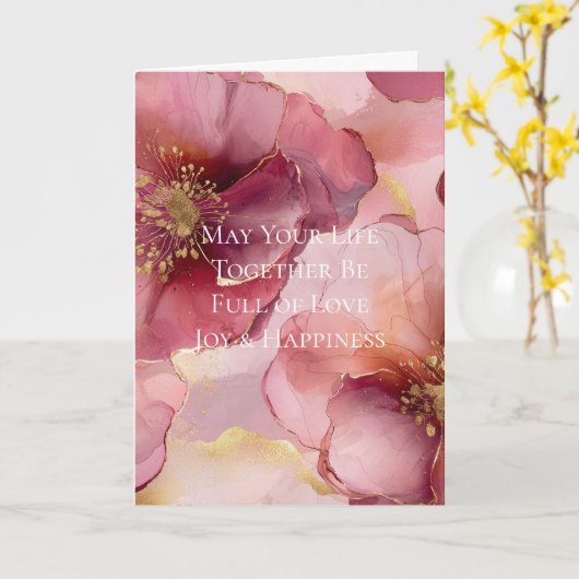 Gouden Bourgogne Blush Roze Bloemen Huwelijk Kaart (Gele Bloem)