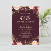 Gouden Bourgogne Elegante Bloemen 100ste Verjaarda Kaart (Staand voorkant)