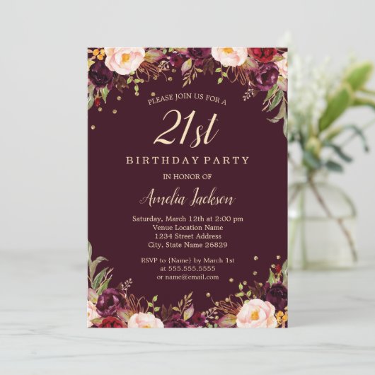 Gouden Bourgogne Elegante Bloemen 21ste Verjaardag Kaart (Staand voorkant)