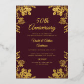 Gouden Bourgogne Floral 50ste bruiloft Jubileum Folie Uitnodiging (Voorkant)
