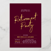 Gouden Bourgogne Modern Brush Script Pensioenfeest Folie Uitnodiging (Voorkant)