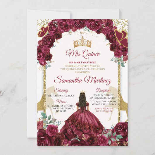 Gouden Bourgogne Rode Bloemen Prinses Quinceañera Kaart (Voorkant)