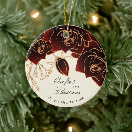 gouden Bourgogne rozen onze eerste kerstfoto Keramisch Ornament (Boom)