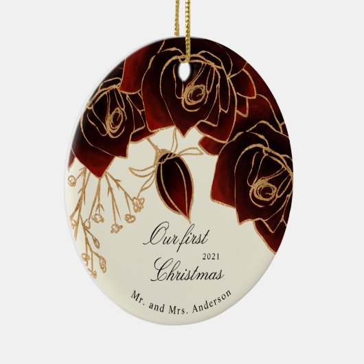 gouden Bourgogne rozen onze eerste kerstfoto Keramisch Ornament (Rechts)