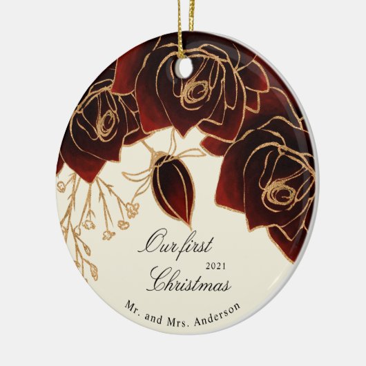 gouden Bourgogne rozen onze eerste kerstfoto Keramisch Ornament (Links)