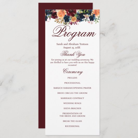 Gouden Bourgogne Wijn Navy Bloemen Trouwprogramma' Menu (Voorkant / Achterkant)