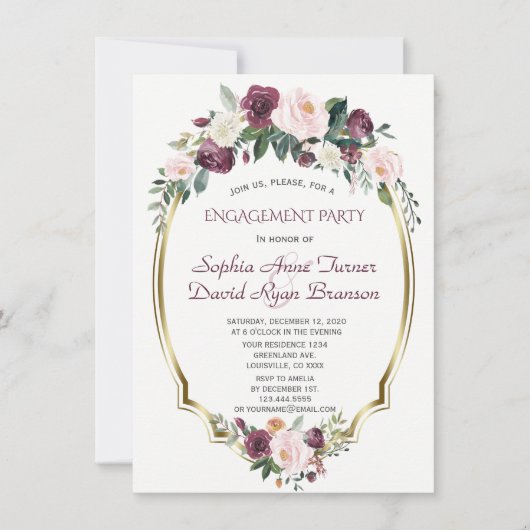 Gouden Bourgondië Blush Bloemens engagementparty Kaart (Voorkant)