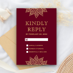 Gouden Bourgondië Mehendi Henna Indiase Trouwdag RSVP Kaartje