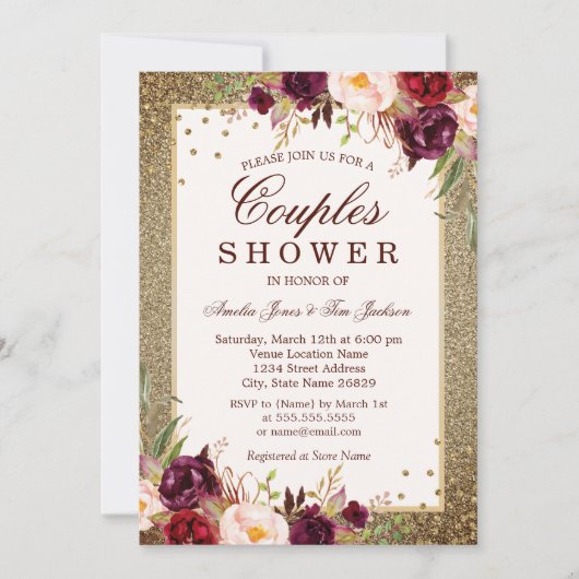 Gouden Bourgondische bloemen Sparkle Couples Douch Kaart (Voorkant)