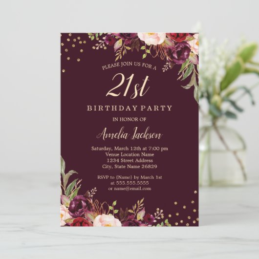 Gouden Bourgondische bloemensprankeling 21ste verj Kaart (Staand voorkant)