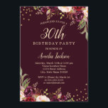 Gouden Bourgondische bloemensprankeling 30e verjaa Kaart<br><div class="desc">Floral Birthday-uitnodigingen in de Little Bayleigh Store.</div>