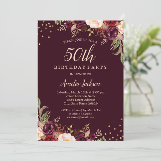 Gouden Bourgondische bloemensprankeling 50ste verj Kaart (Staand voorkant)