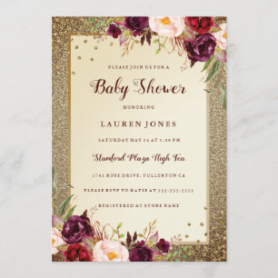 Gouden Bourgondische floral Sparkle Baby shower Ui Kaart
