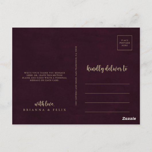 Gouden Bourgondische kalligrafie Dank u Briefkaart (Achterkant)