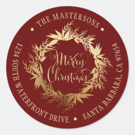 Gouden Bourgondische Kerstkrans retouradres Ronde Sticker