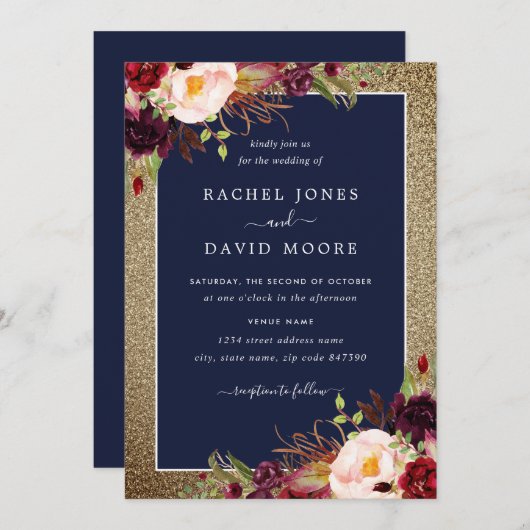 Gouden Bourgondische Navy Floral Waterverf bruilof Kaart (Voorkant / Achterkant)