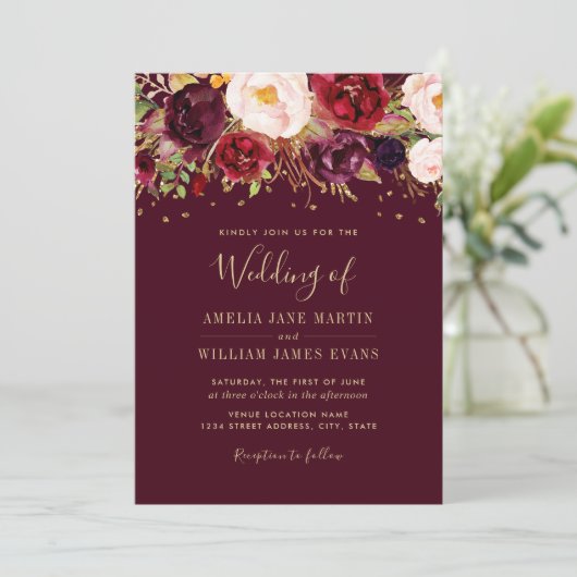 Gouden Bourgondische Sparkling Marsala bruiloft ui Kaart (Staand voorkant)