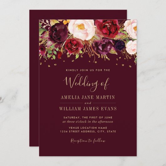 Gouden Bourgondische Sparkling Marsala bruiloft ui Kaart (Voorkant / Achterkant)