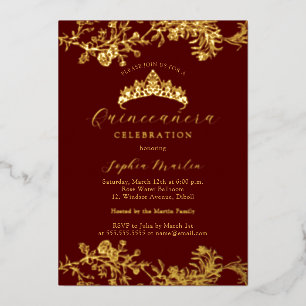 Gouden Bourgondische Vintage Elegant Quinceanera Folie Uitnodiging