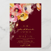 Gouden & Bourgondische Waterverf Poppies Bloemenbr Folie Uitnodiging (Voorkant)