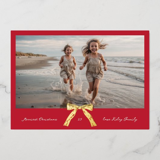 Gouden  Bow Rood Merriest Kerstfoto Folie Feestdagenkaart (Voorkant)