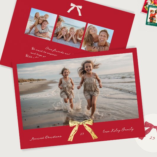Gouden Bow Rood Merriest Kerstfoto Folie Feestdagenkaart