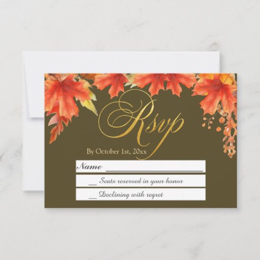 Gouden Brieven Herfst Bloemen Maple Bladeren Huwel RSVP Kaartje (Voorkant)