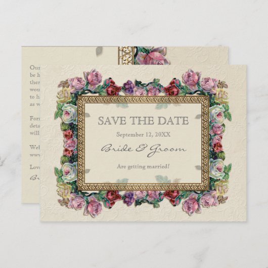 Gouden Brocade Floral Formal Elegant Save the Date Aankondigingskaart (Voorkant / Achterkant)