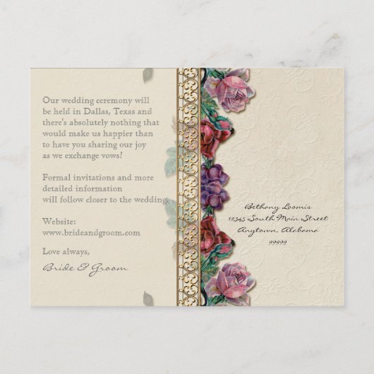 Gouden Brocade Floral Formal Elegant Save the Date Aankondigingskaart (Achterkant)