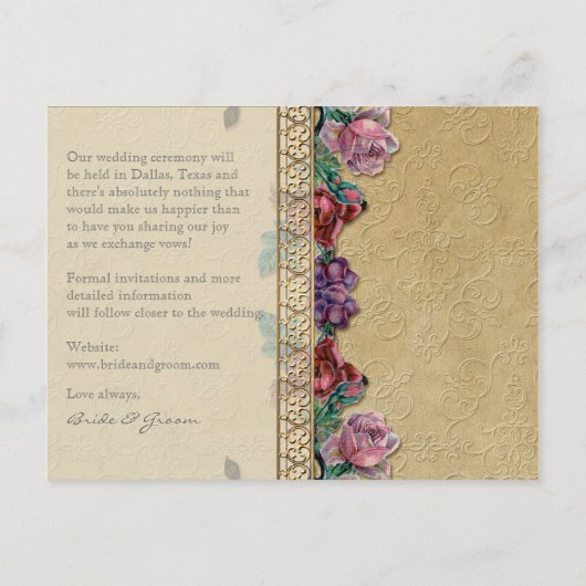 Gouden Brocade Floral Formal Elegant Save the Date Aankondigingskaart (Achterkant)