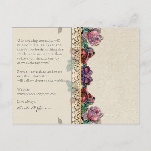 Gouden Brocade Floral Formal Elegant Save the Date Aankondigingskaart (Achterkant)